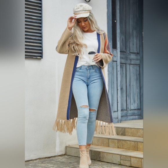 Fringe Retro Geometric Knit Duster Cardigan Sleeve Colorful Open Front Sweater - Picture 5 of 15